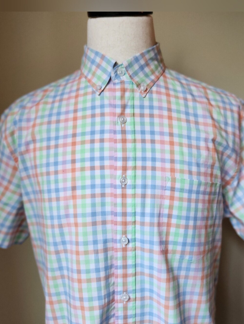 J Crew Flex Mens L Plaid Short Sleeve Button Down Shirt Pastel Multicolor Check